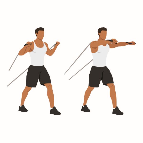 Illustration of a man doing chest press with resistance bands